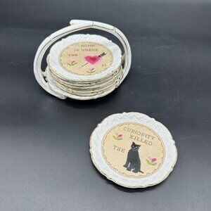 Vintage Coaster Set Cross Stitch Look Kitschy Proverbs 50s Ardalt Japan Cottage